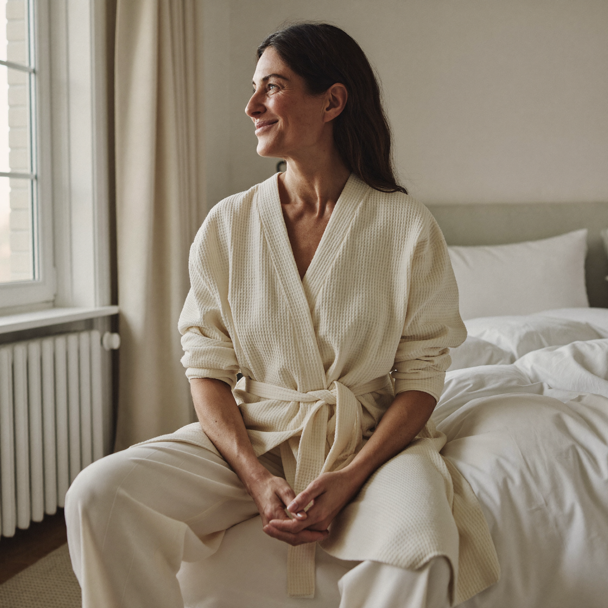 A woman in her fifties sitting on the edge of her bed in a cream dressing gown, looking out of the window with a small private smile